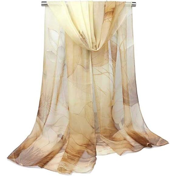 NEW Womens Beautiful Sheer Floral Pattern Scarf Super Soft and Silky BEIGE OMBRE - Picture 2 of 2